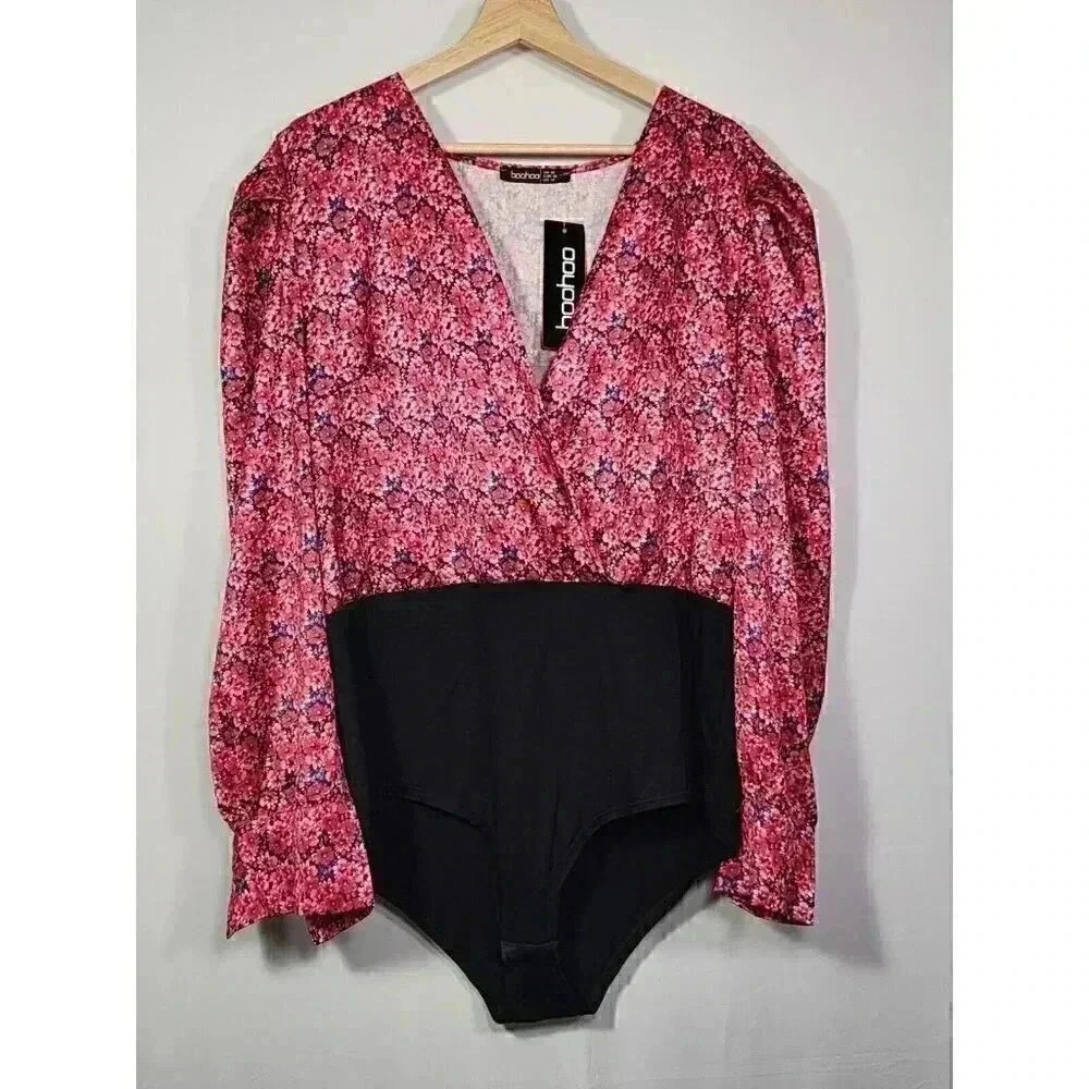 NWT Boohoo Womens Blouse Bodysuit Plus‎ 14 Mini Floral V Neck Satin Wrap Pink